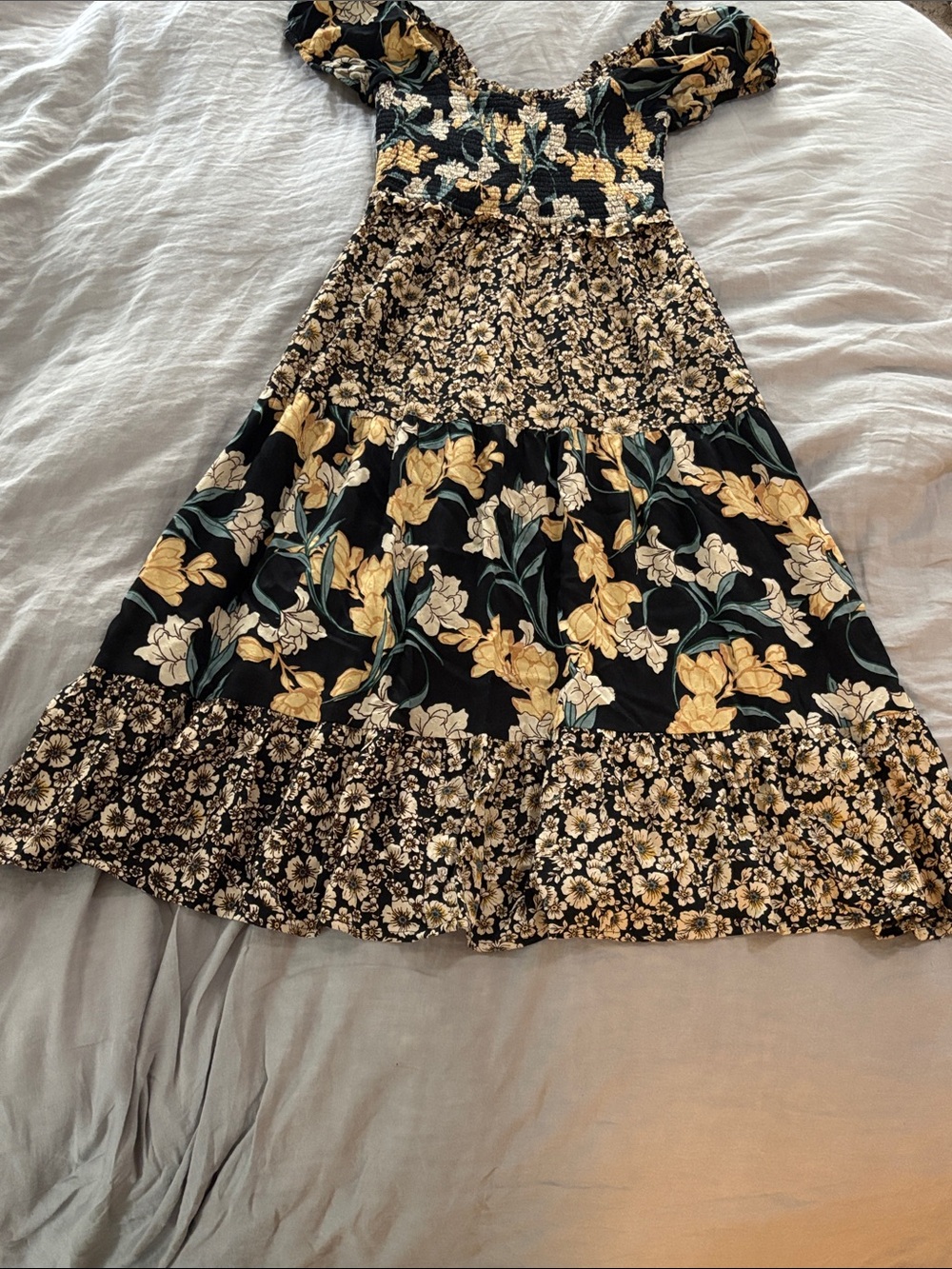 Band of the Free Smocked Floral Dress - Black, Green, Cream & Yellow